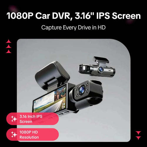 Car Dash Cam with 3.16 Inch IPS Screen, 1080P HD Resolution, 32GB Memory Card, Infrared Night Vision, G-Sensor, and Touchscreen Functionality