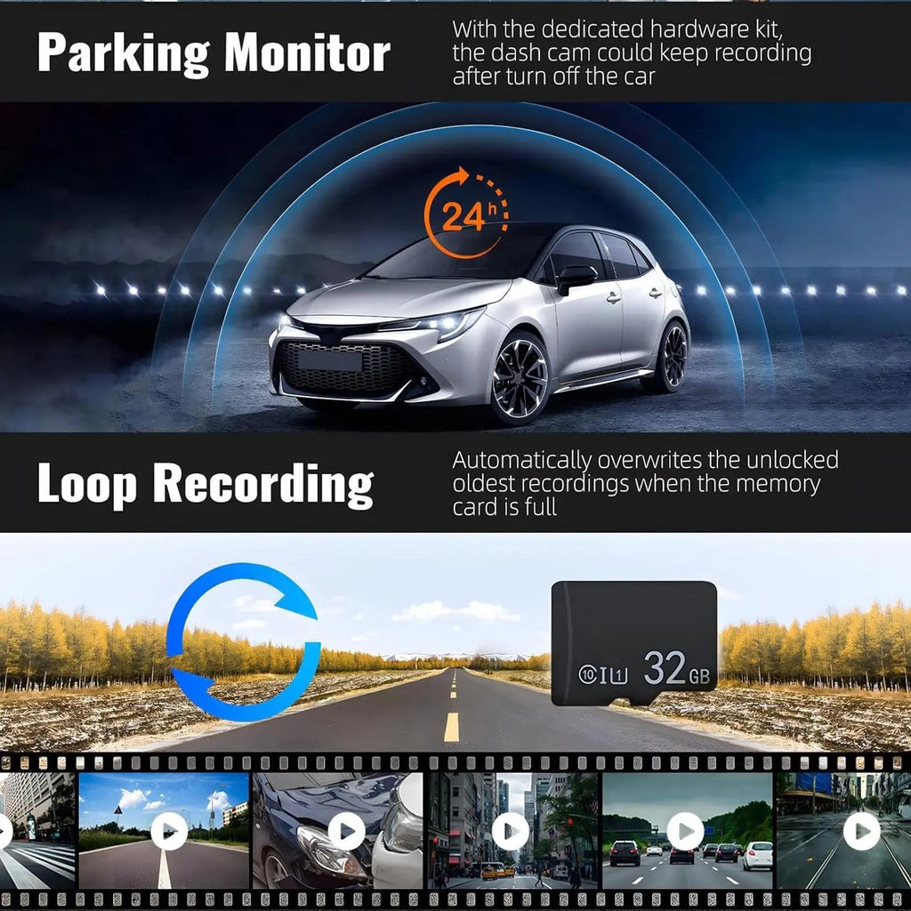 Car Dash Cam with 3.16 Inch IPS Screen, 1080P HD Resolution, 32GB Memory Card, Infrared Night Vision, G-Sensor, and Touchscreen Functionality