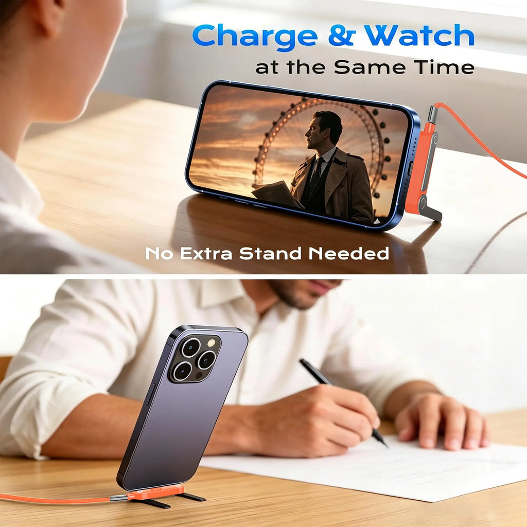 MOJUE 240W Fast Charging Cable with Invisible Stand, 90-Degree Angled USB C to USB C Flat Cable (4.9FT) Compatible with iPhone 15/16/17 Series and Samsung S26/S25