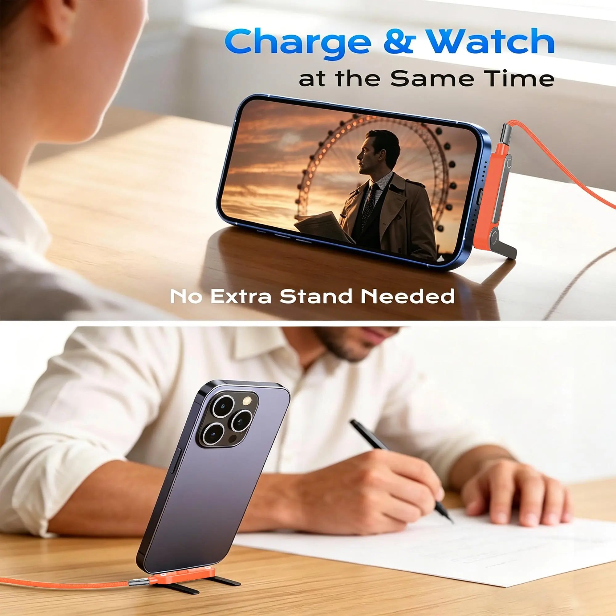 MOJUE 240W Fast Charging Cable with Invisible Stand, 90-Degree Angled USB C to USB C Flat Cable (4.9FT) Compatible with iPhone 15/16/17 Series and Samsung S26/S25