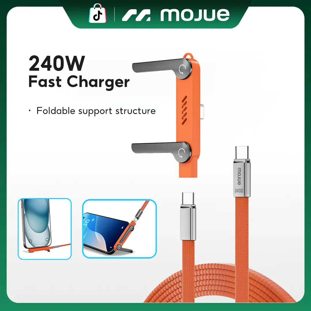 MOJUE 240W Fast Charging Cable with Invisible Stand, 90-Degree Angled USB C to USB C Flat Cable (4.9FT) Compatible with iPhone 15/16/17 Series and Samsung S26/S25