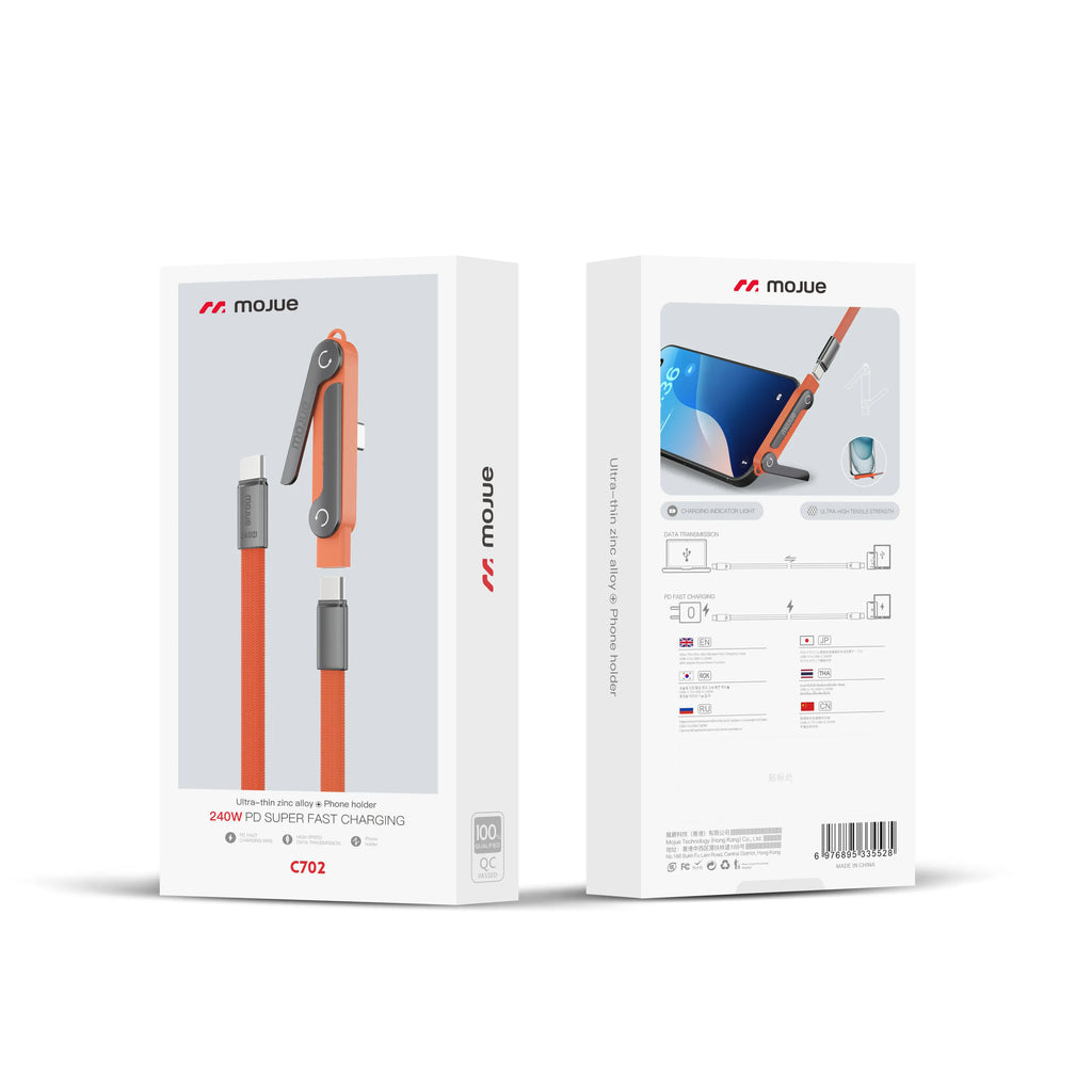 MOJUE 240W Fast Charging Cable with Invisible Stand, 90-Degree Angled USB C to USB C Flat Cable (4.9FT) Compatible with iPhone 15/16/17 Series and Samsung S26/S25