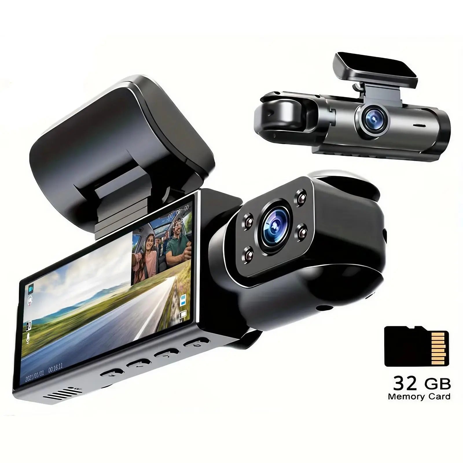 Car Dash Cam with 3.16 Inch IPS Screen, 1080P HD Resolution, 32GB Memory Card, Infrared Night Vision, G-Sensor, and Touchscreen Functionality